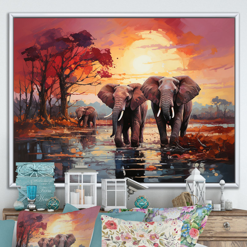«Graceful African Elephants In Motion III», reproduction sur toile, Cadre flottant blanc, H 30 po x l 40 po x P 1,5 po