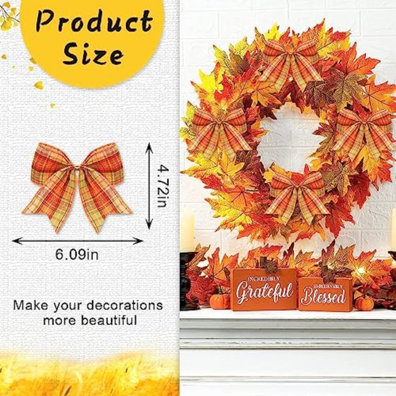 10 PCS Fall Bows for Wreath, Orange Plaid Harvest Bows Thanksgiving Wreath Bow for Front Door Indoor Outdoor Wall Tree Topper Autumn Decoration Supplies Ornament
