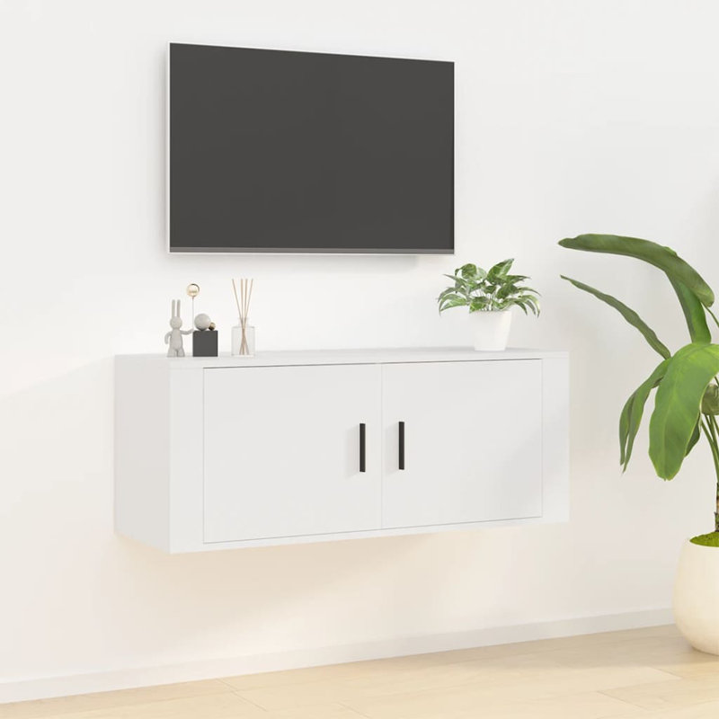 Wall Mounted TV Cabinet, White, 40cm H x 100cm L x 34.5cm W