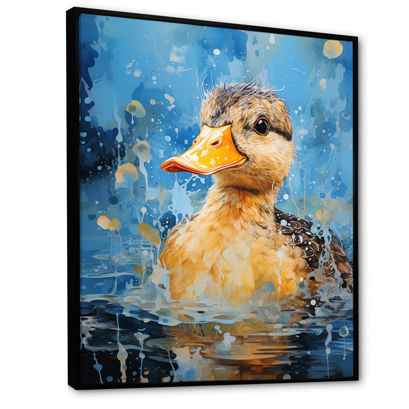 Splashing Duckling Wonder - Art mural animal canard, Cadre flottant noir, H 32 po x l 24 po x P 1 po