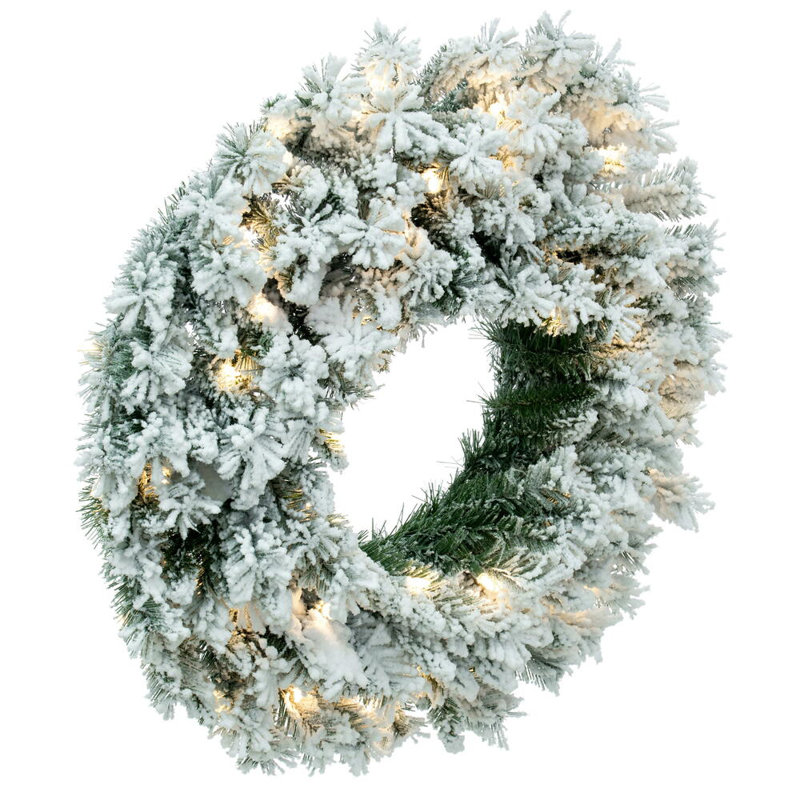 One Allium Way® 36" Flocked Utica Fir Artificial Wreath with 100 Warm White LED Mini Lights, 30" H x 30" W