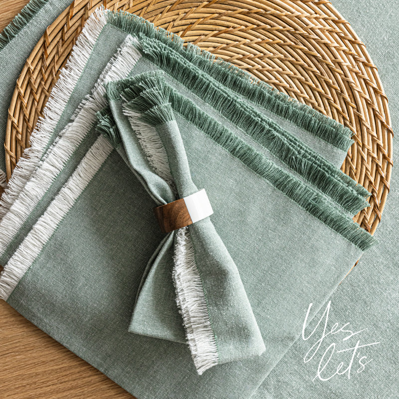 ensemble de 4 serviettes en chambray effilochées, Vert