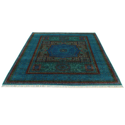 6x8 Green and Blue Turkish Tribal Rug
