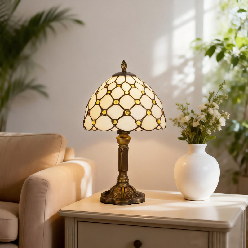 13.4-Inch H  Antique Brass Yellow Beaded Tiffany-Style Table Lamp, Bedside Night Lamp