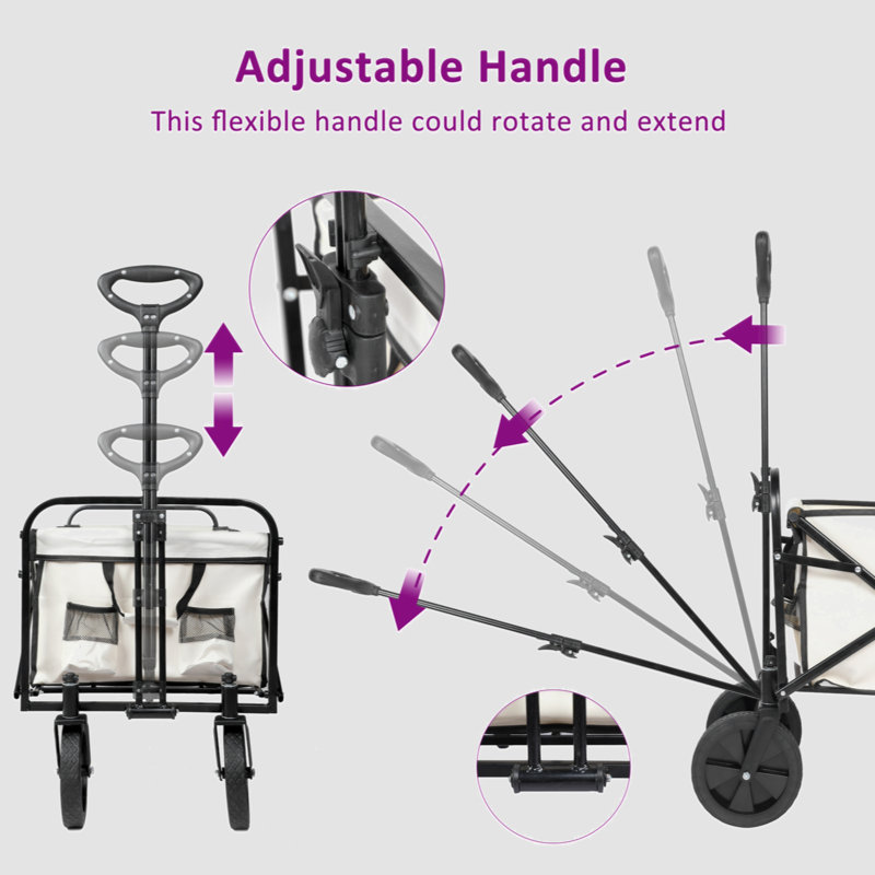 Large White Folding Utility Wagon with Anti-Slip Wheels and Adjustable Handle