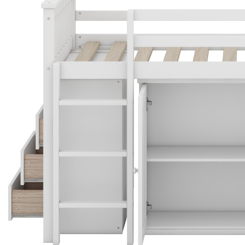 Lit mezzanine avec armoire de rangement, armoire à tiroirs et tablettes et bureau coulissant, barrière de sécurité, Blanc