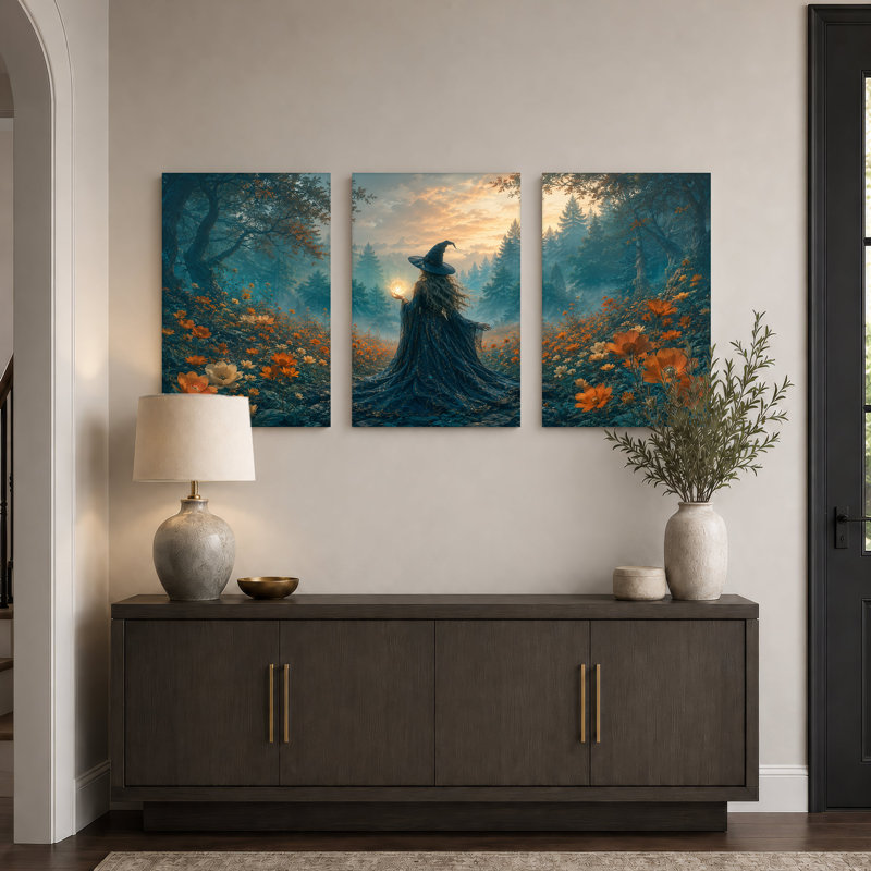 Magicien femme tenant un globe lumineux dans un ensemble d'Halloween de 3 toiles, H 18 po x l 12 po x 3 pièces
