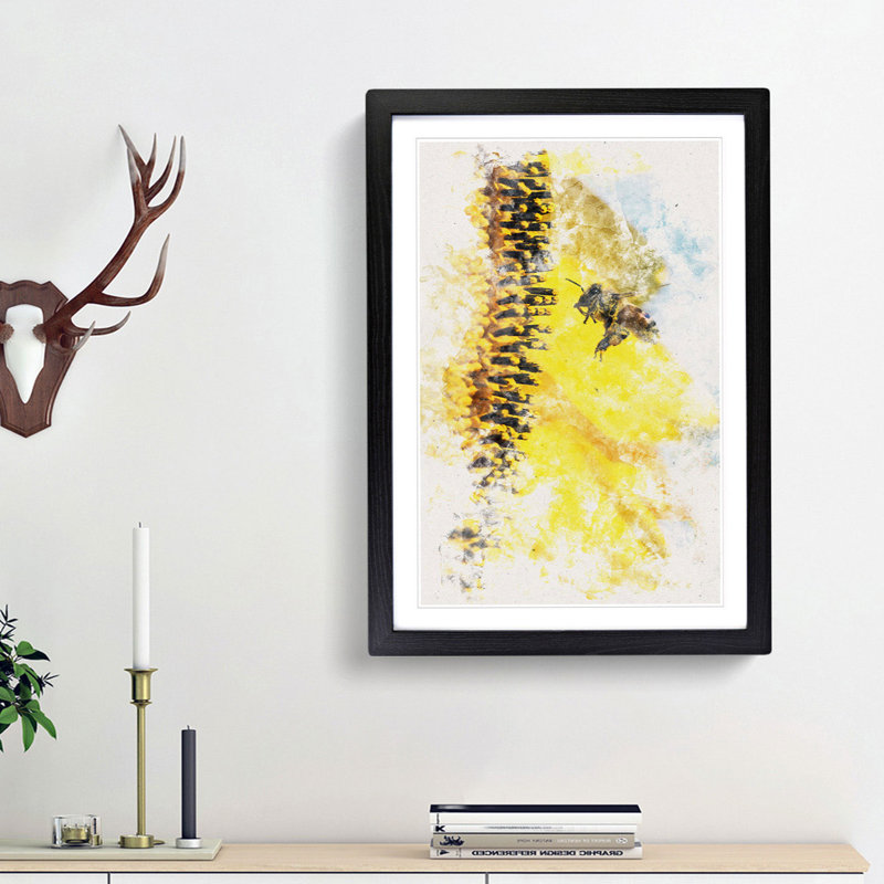 Busy Bee & Yellow Flower Watercolour - Picture Frame Graphic Art, 63cm H x 45cm W x 2cm D, Black Framed