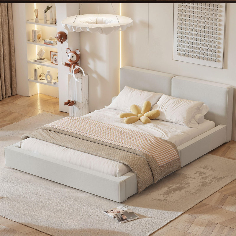 Grand lit plateforme tapissier avec tissu en velours, Beige