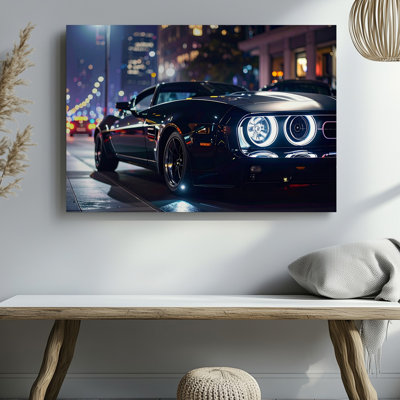 Wall Art Canvas Midnight Muscle Black Dodge Challenger On Urban Night Street Ready To Hang Gallery Wrapped Home Decor Modern Design
