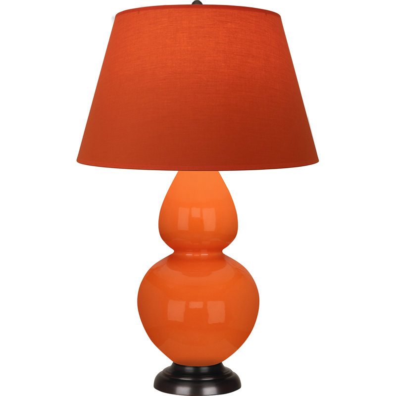 Lampe de table double gourde en céramique, Citrouille vernie / bronze, Tangerine / doublure taupe, Bronze