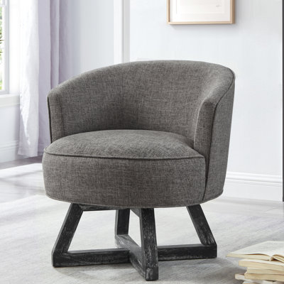 Fauteuil pivotant à 360°, revêtement en lin, piètement en bois massif pour une assise confortable. Siège et dossier pivotants gris foncé, confortables.