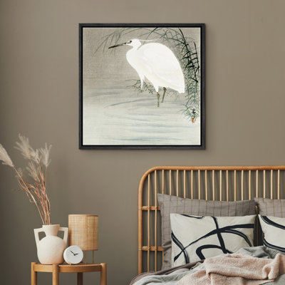 White Egret by Water Artwork, Elegant Bird Pictures, Framed Canvas Giclee Print Wall Art