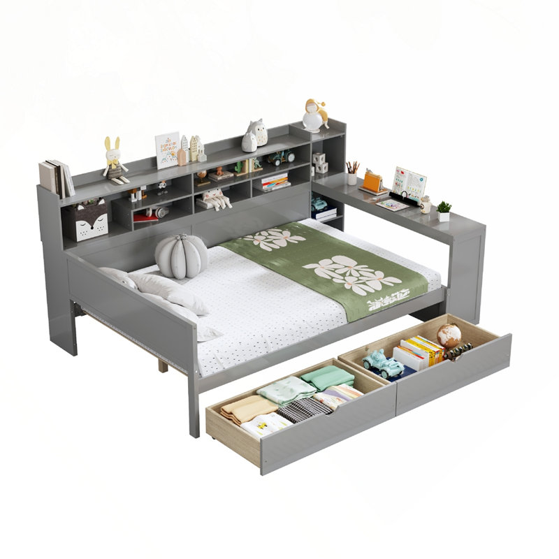 Lit de jour double en bois avec tablettes de rangement, Gris