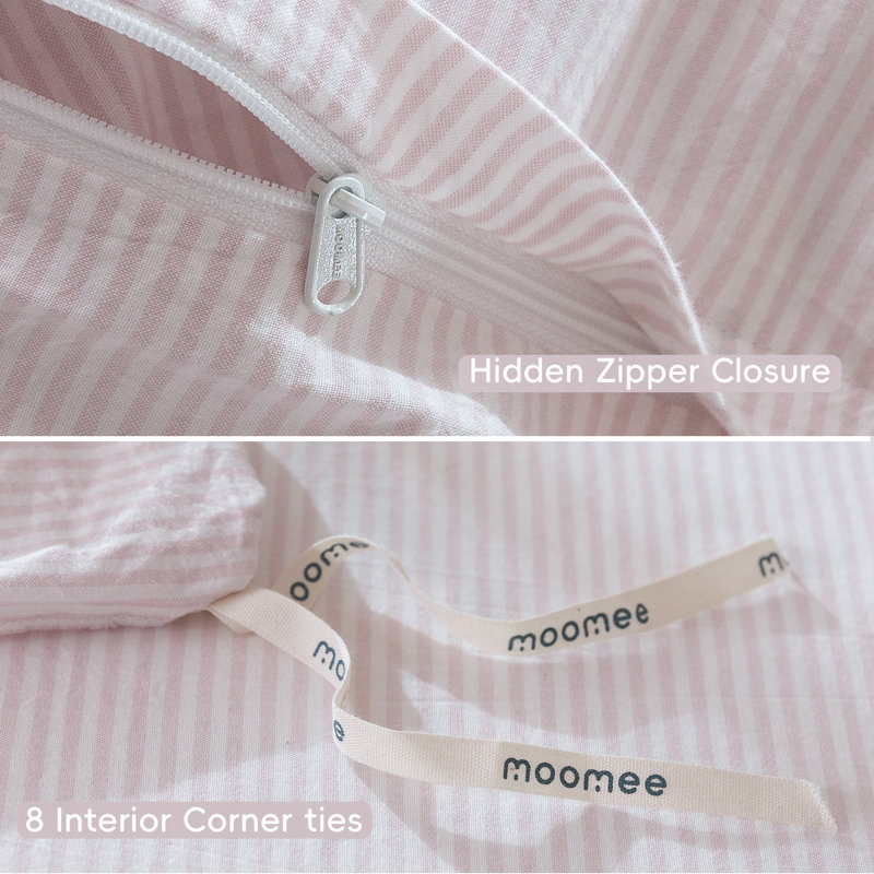 MooMee Striped Duvet Cover Set 100% Washed Cotton Linen Like Textured, Oversized King Duvet Cover + 2 King Pillowcases