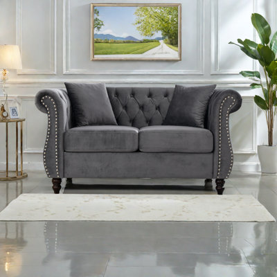 58.8" Chesterfield Sofa Velvet For Living Room, 2 Seater Sofa Tufted Couch With Rolled Arms And Nailhead For Living Room, Bedroom, Office, Apartment,