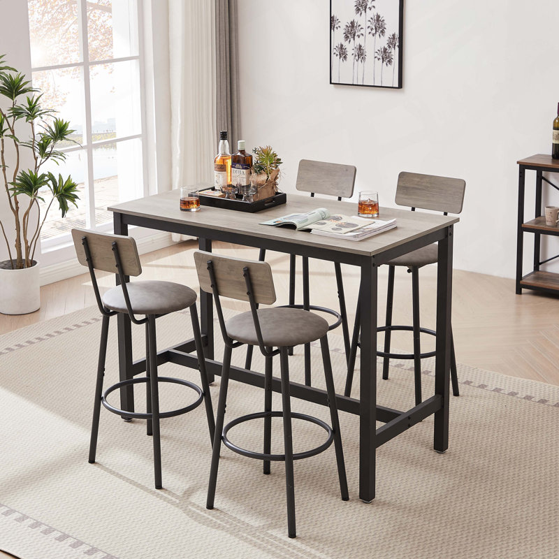 Ensemble de table de bar avec 4 tabourets de bar en polyuréthane avec dossier, gris, L 47,24 po x l 23,62 po x H 35,43 po