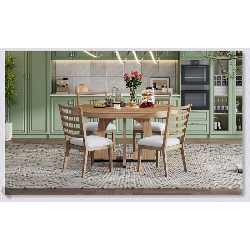 Ensemble de table de salle à manger 5 pièces avec des sculptures élégantes et un design rond, parfait pour les réunions de famille et une utilisation sécuritaire dans toute maison.