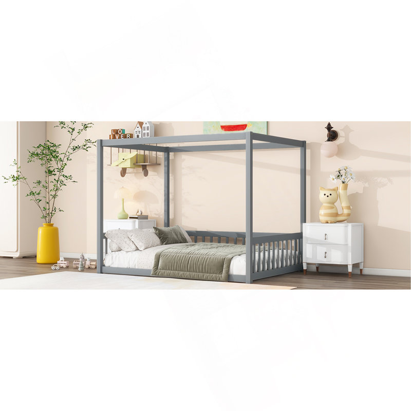 Lit double en bois d'hévéa avec clôture, garde-corps, gris