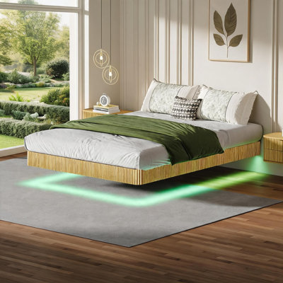 Floating Bed Frame For Bedroom Use, MDF And Steel Build, Queen Size Platform With LED Lights, Heavy Duty Metal Slats No Box Spring Needed