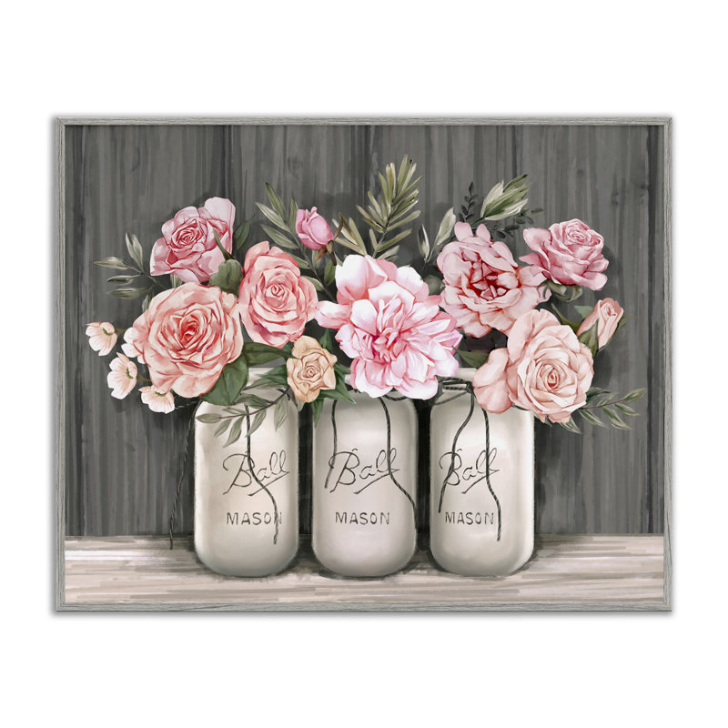 Bouquets de roses roses en fleurs, pots rustiques - peinture, H 24 po x l 30 po, Estampe numérique Farmhouse