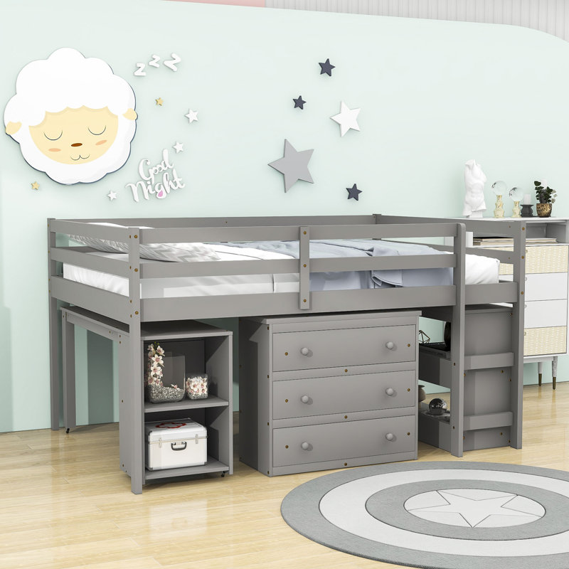 Englas Kids Full Loft Bed with Drawers, Gray