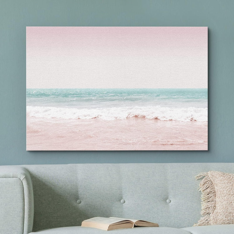 Plage côtière, rose, bleu sarcelle, vagues de l'océan, nature, paysage, illustrations, moderne, rustique, Toile tendue