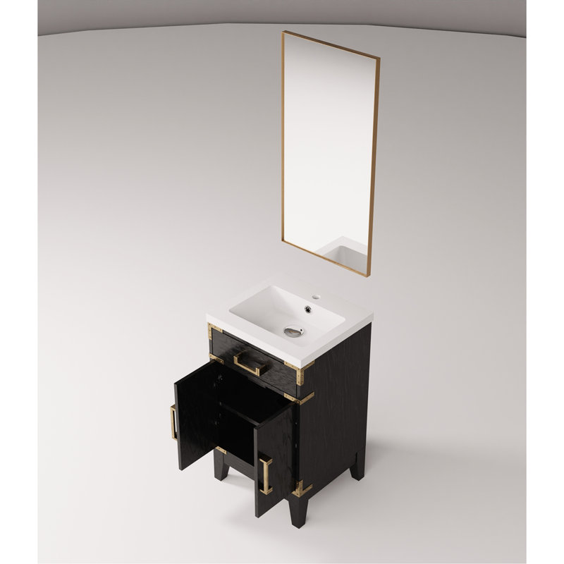 Meuble-lavabo simple avec miroir de 45,7 cm (18 po), comptoir en chêne noir de 50,8 cm (20 po) de largeur, système de fermeture amortie et espace de rangement.
