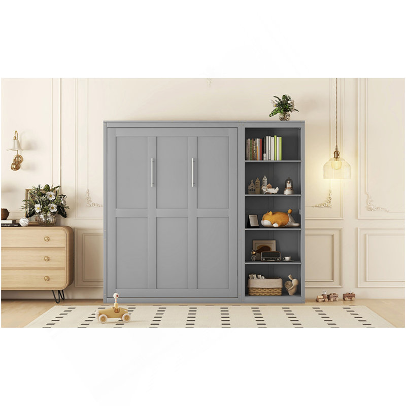 Grand lit escamotable mural avec tablettes, gris, Gris, Grand lit