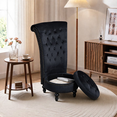 Fauteuil d'appoint capitonné à dossier haut avec pouf de rangement, fauteuil sans accoudoirs en velours avec garniture cloutée, fauteuil vintage une place pour salon, chambre ou entrée (noir)