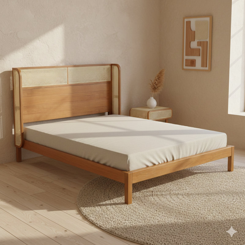 Structure de lit plateforme durable fabriquée en bois d'hévéa de grande qualité, avec un grand lit et une tête de lit, présentant un design moderne Mid-Century dans un ton de bois naturel.