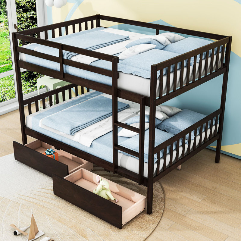 Lit superposé convertible en bois avec tiroirs de rangement et barrières de sécurité, Lit superposé double sur double