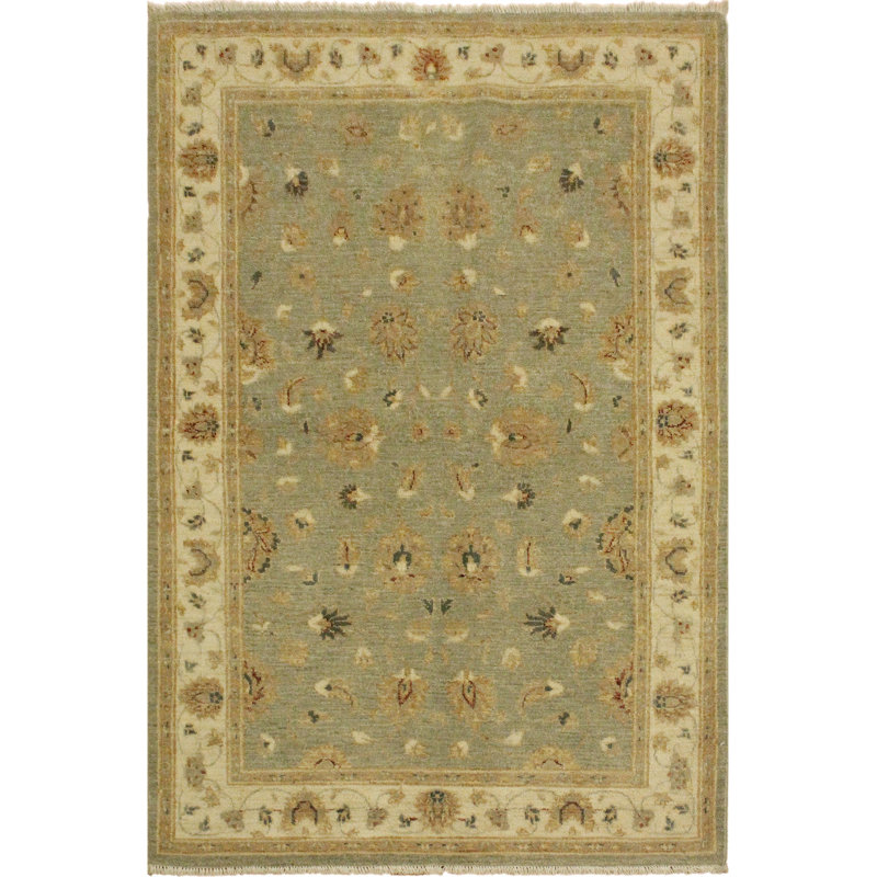 Tapis vert en laine noué à la main à motif floral 3 pi 11 po x 6 pi Dorn