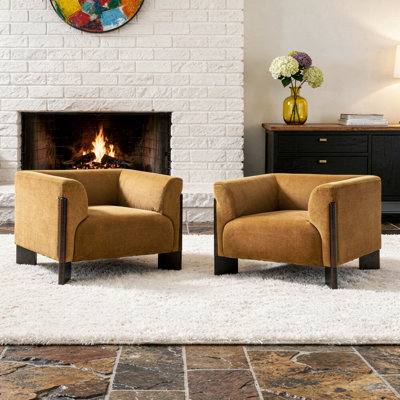 Fauteuil moderne en velours orange capitonné, design incurvé, accoudoirs, pieds en bois massif (lot de 2)