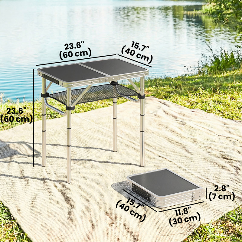 Table de camping pliante de 2 pi, table de pique-nique avec couche de rangement, noir