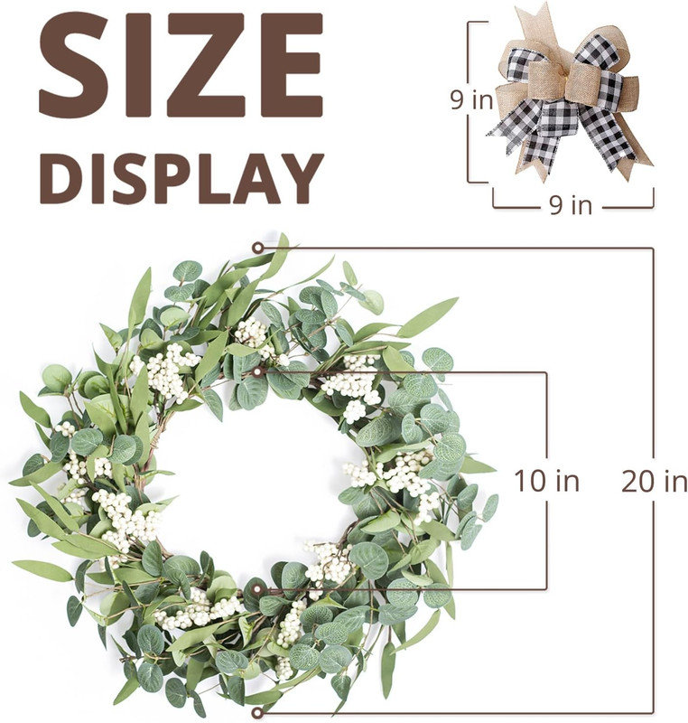 20'' Green Artificial Eucalyptus Wreath with Bow for Front Door
