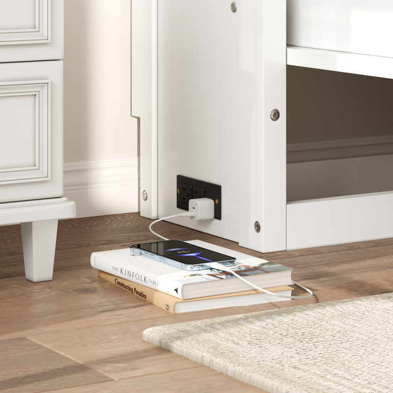 Twin Size Murphy Bed with Charging Station, Drawer & Storage Cabinets, Wood/White Finish, Arc Line Design, White