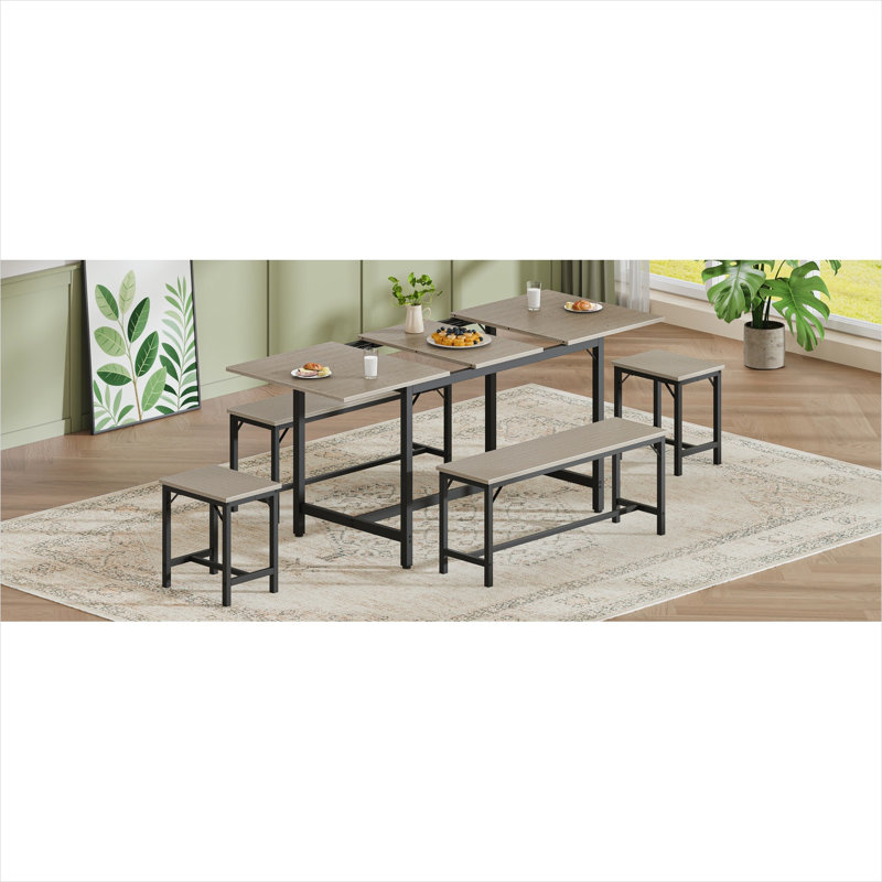 63-Inch Expandable Dining Table Set for 8, Soft Gray Particle Board, Rectangular Kitchen Table with 2 Benches and 2 Stools, T-Shape Metal Frame, Space-Saving