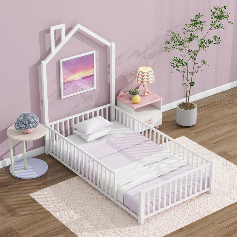 Lit plateforme simple en métal sans sommier et garde-corps robuste, Lit simple