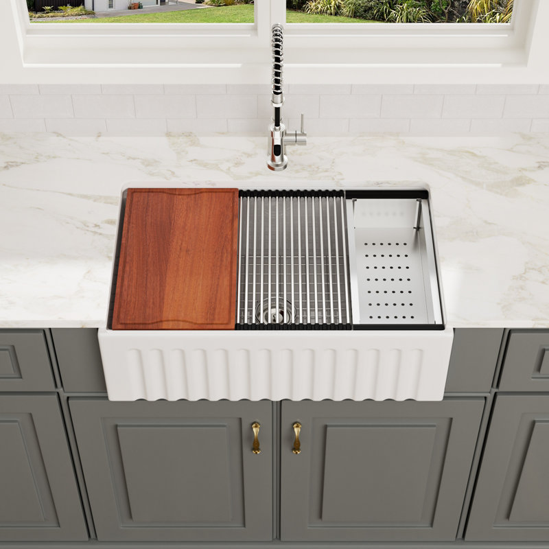 33" L x 20" W Large Single Bowl Fireclay Farmhouse Workstation Kitchen Sink with Accessories