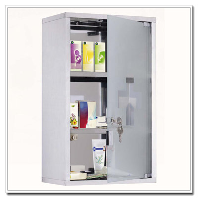 Armoire à pharmacie murale verrouillable à 3 niveaux avec porte en verre et cadre en acier inoxydable