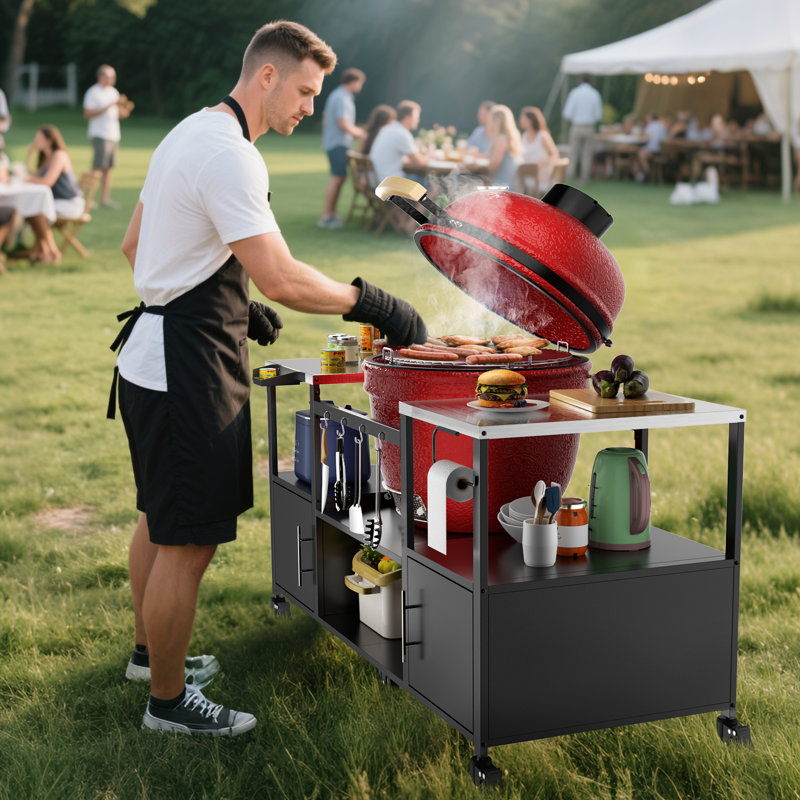 Table de barbecue d'extérieur pour barbecue Big Egg, barbecue en métal avec boîte de rangement