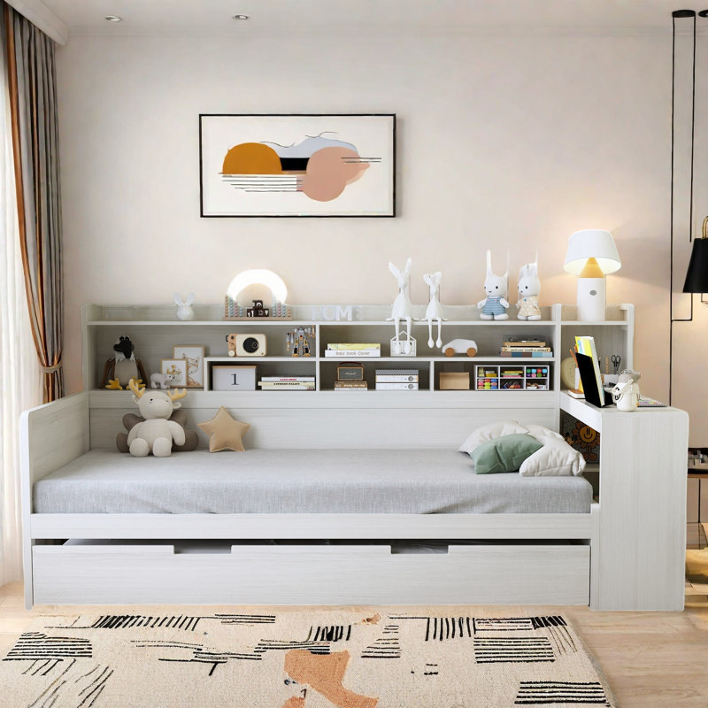 Lit de jour multifonctionnel en bois avec tablettes de rangement, bureau d'étude et lit gigogne, Lit simple, Blanc antique