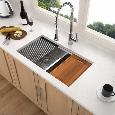 Évier de cuisine à double cuve encastrable 32 po, évier de poste de travail divisé en acier inoxydable 50/50 avec accessoires, évier de ferme en acier inoxydable T304 de calibre 16, cuves profondes de 10 po