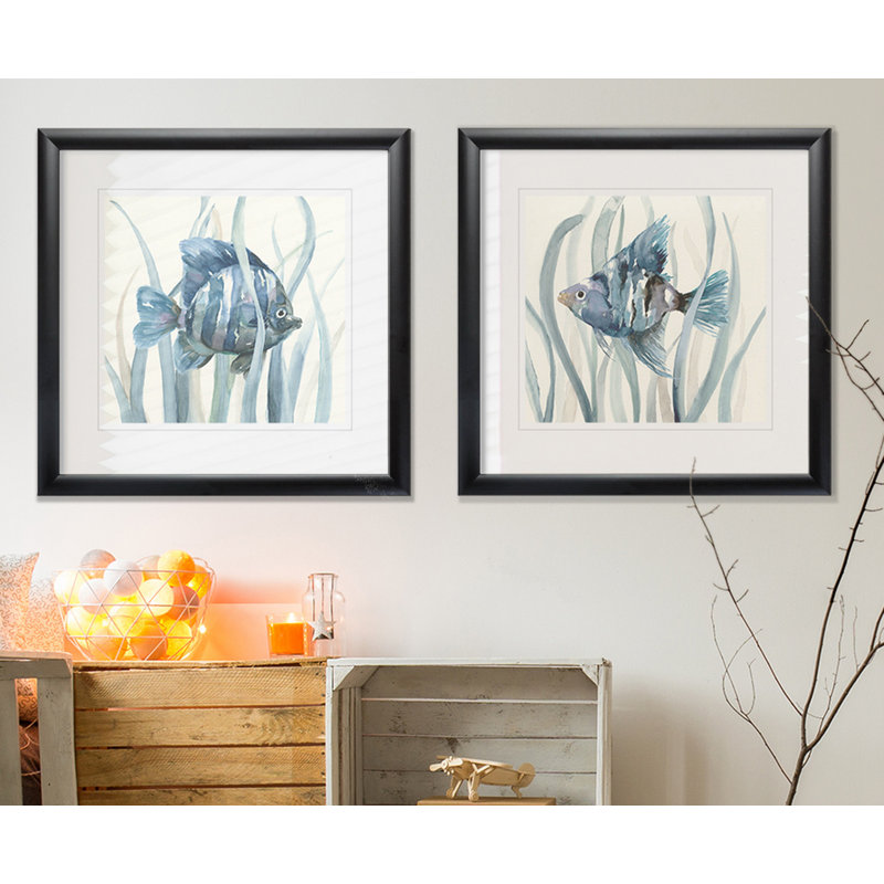 Fish in Seagrass I - Ensemble de 2 reproductions de cadres photo, Cadre noir