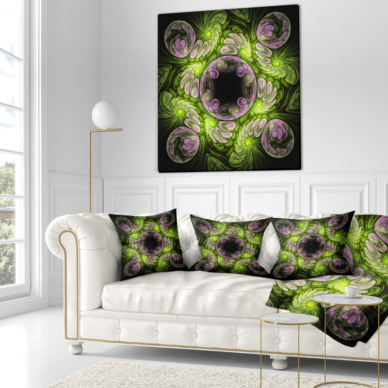 Vert et mauve grande fleur fractale - coussin à imprimé floral, 16 po x 1 po, Coussin décoratif