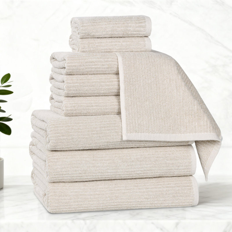 Blue Nile Mills  Viscose Cotton Blend Towel Set - Textured Ribbed Design - Quick-Dry, Beige