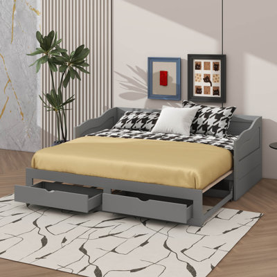 Wooden Twin Daybed With Pull-Out Bed And Dual Storage Drawers, Expandable Daybed