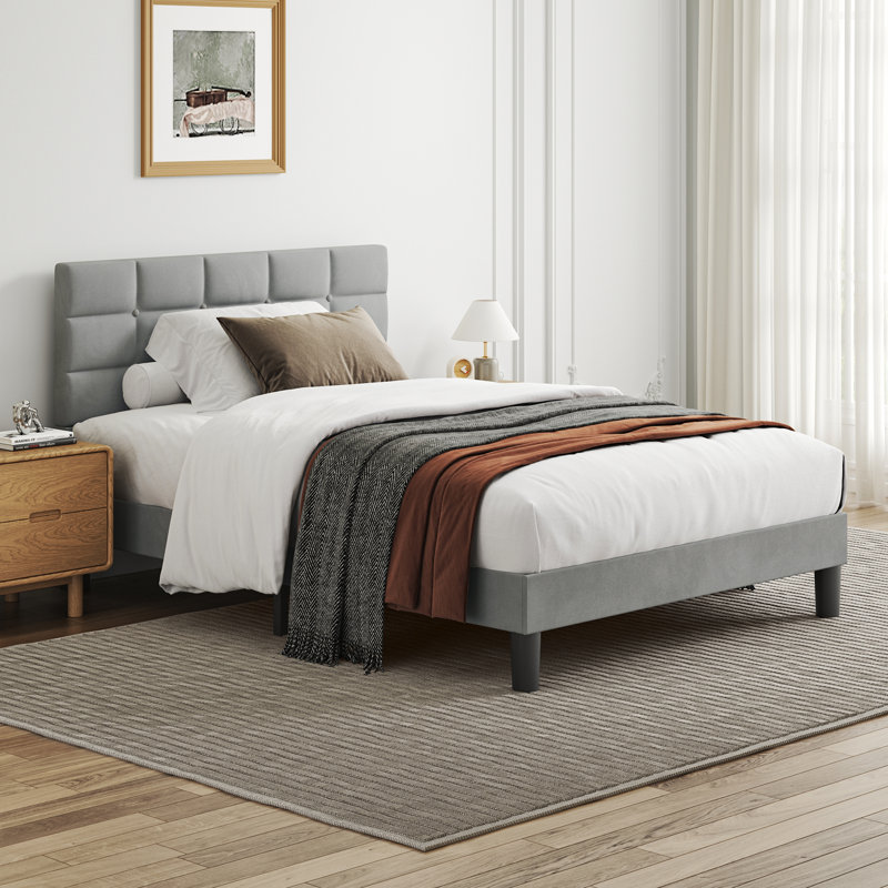 Velvet Upholstered Platform Bed with Headboard, Double (4'6)