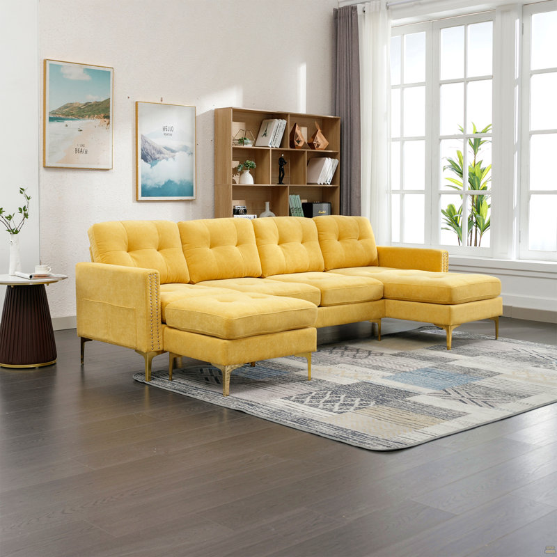 Canapé modulaire convertible en L 110 po avec repose-pieds mobile, Velours jaune